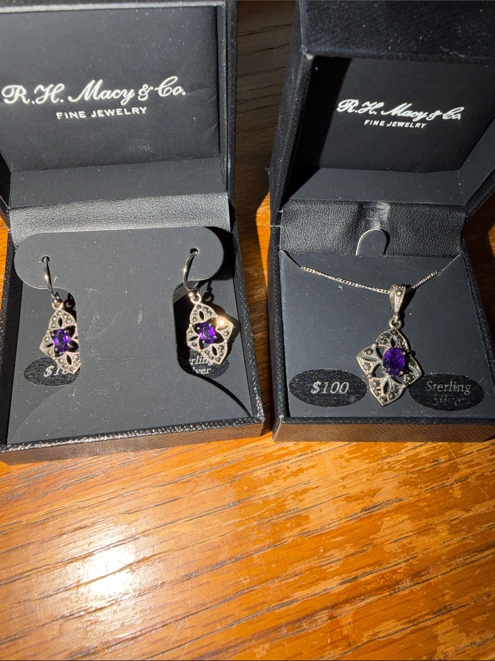 Sterling Silver Amethyst Drop Earrings and Necklace Set